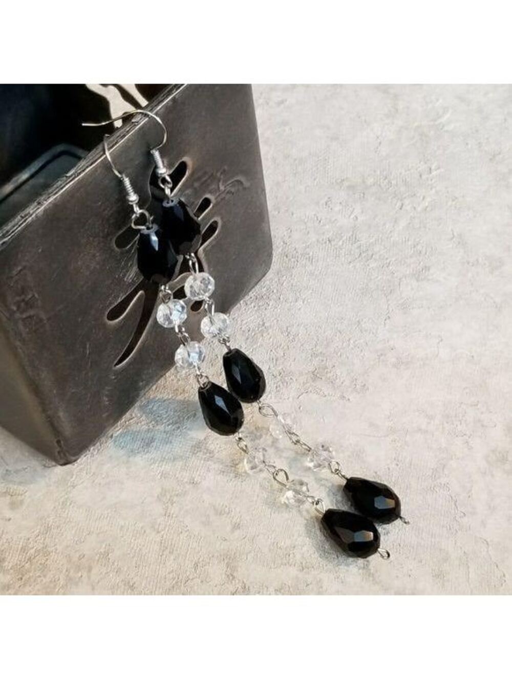 Long Teardrop Crystal Earrings Black